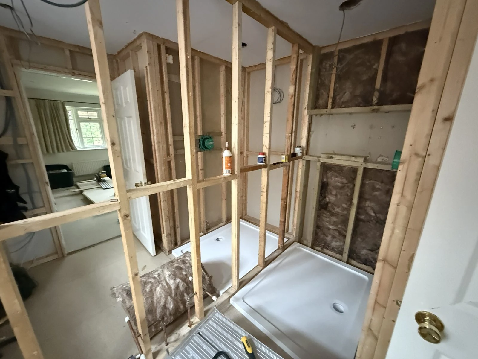 Bathroom stripped back to new timber stud walls before tiling in Bath
